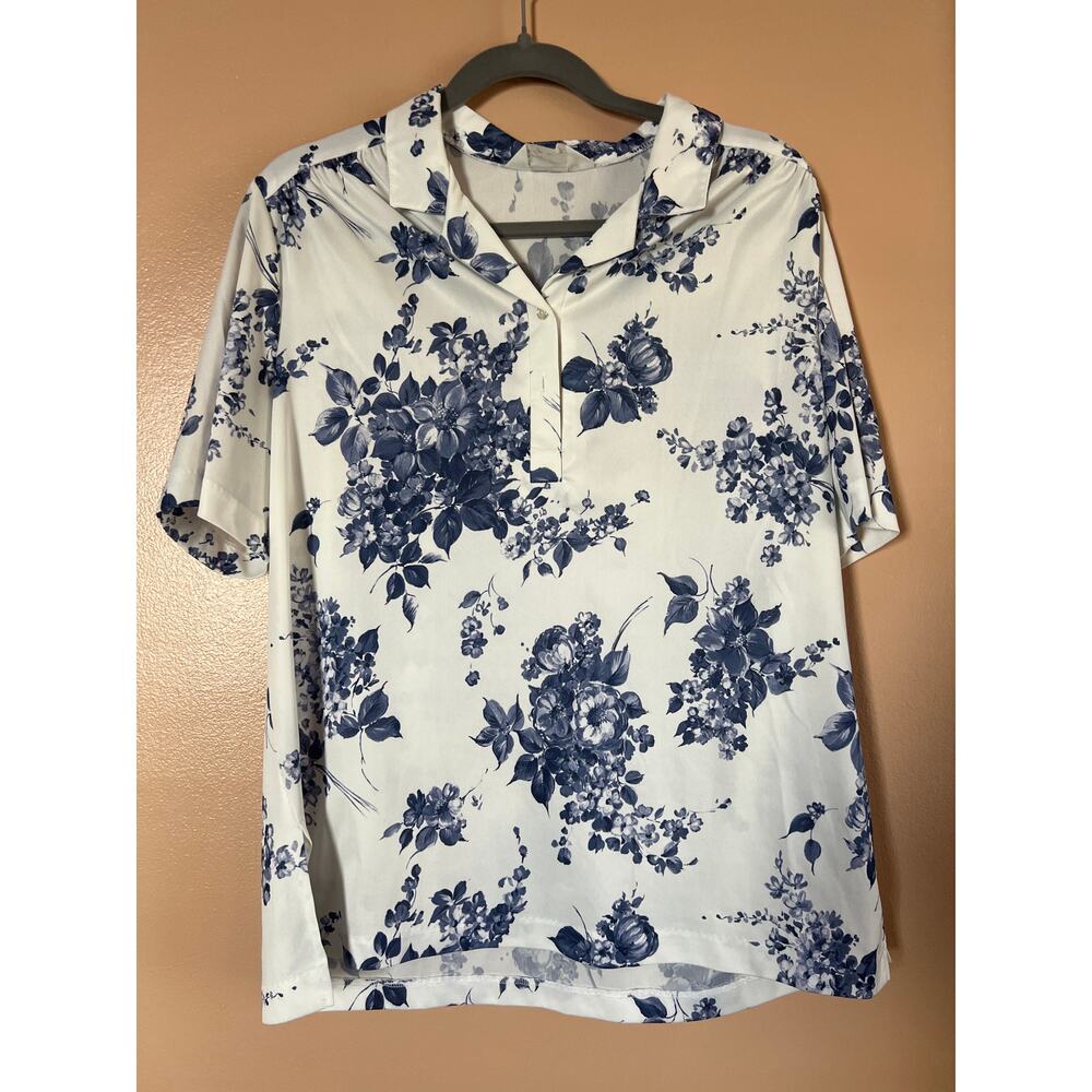Lady Devon Blue White Floral Blouse Vintage | Size 42 | Toile Print Pullover Top